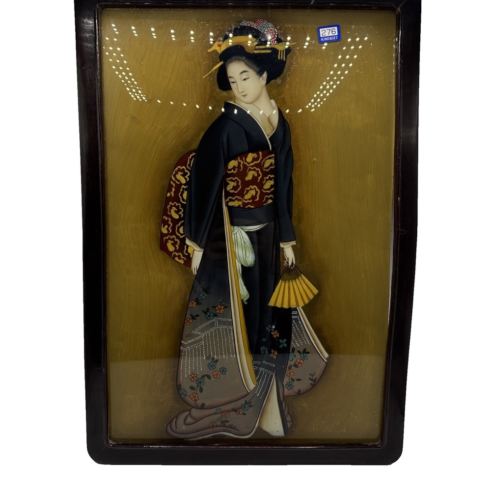 Japanese Geisha Glass Painting Framed Asian Wall Art Peinture Sur Verre